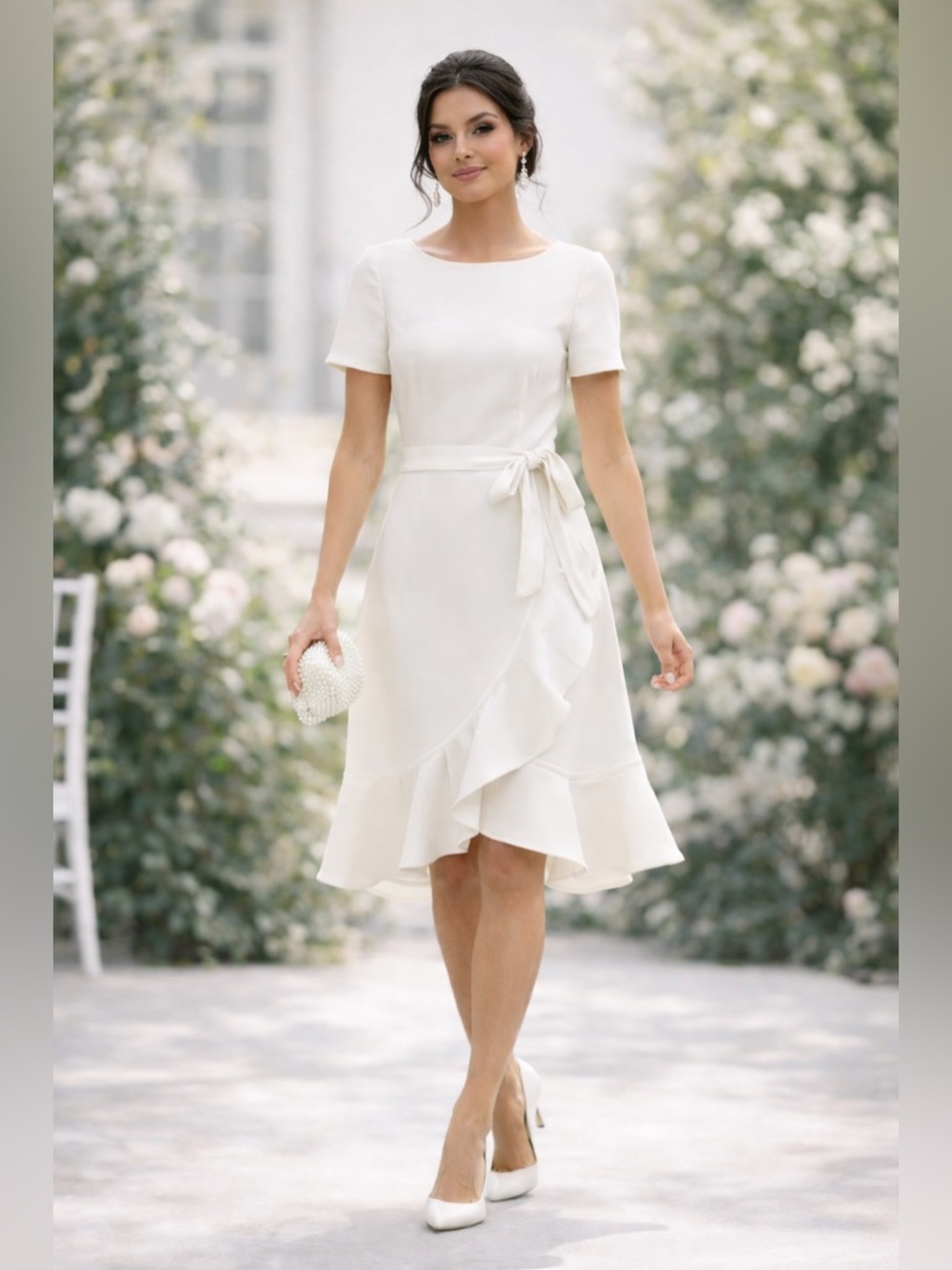 Calvin Klein Cream Midi Dress with Ruffle Wrap Skirt
